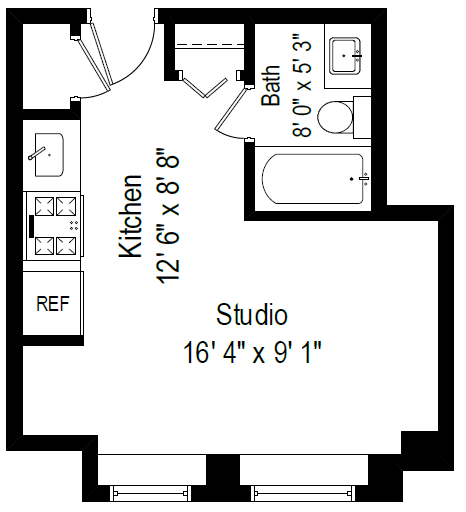 Floor plan for studio, 1 bath, 301 sqft